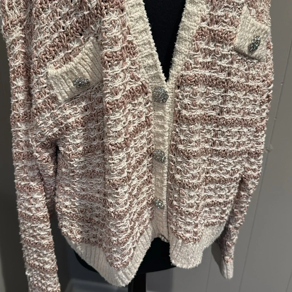 ZARA tweed sparkle rose gold crystal jewel button loose knit cardigan. Medium.